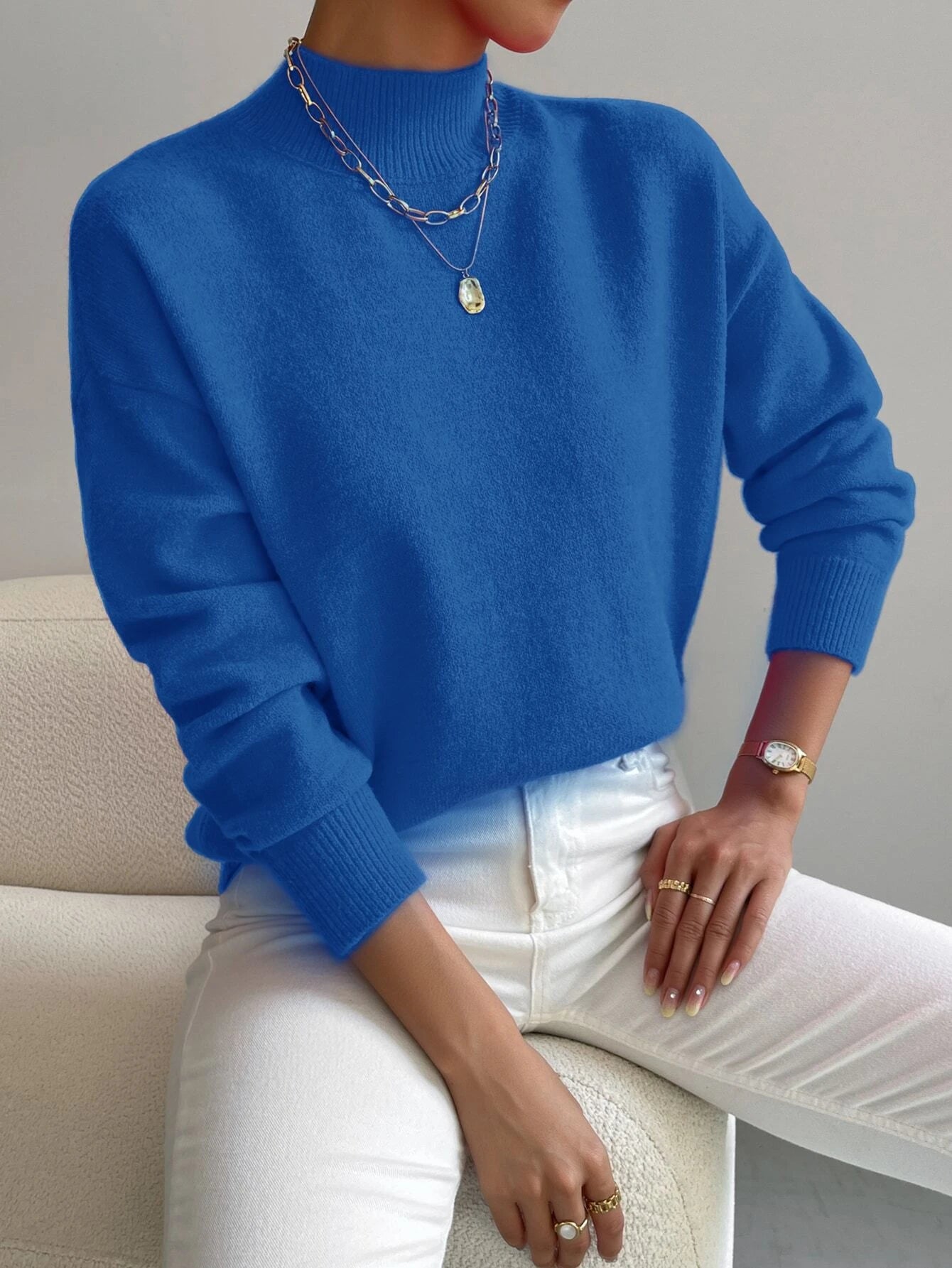 Essnce Mock Neck Drop Shoulder Sweater shein