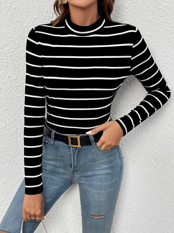 Frenchy Striped Mock Neck Tee shein