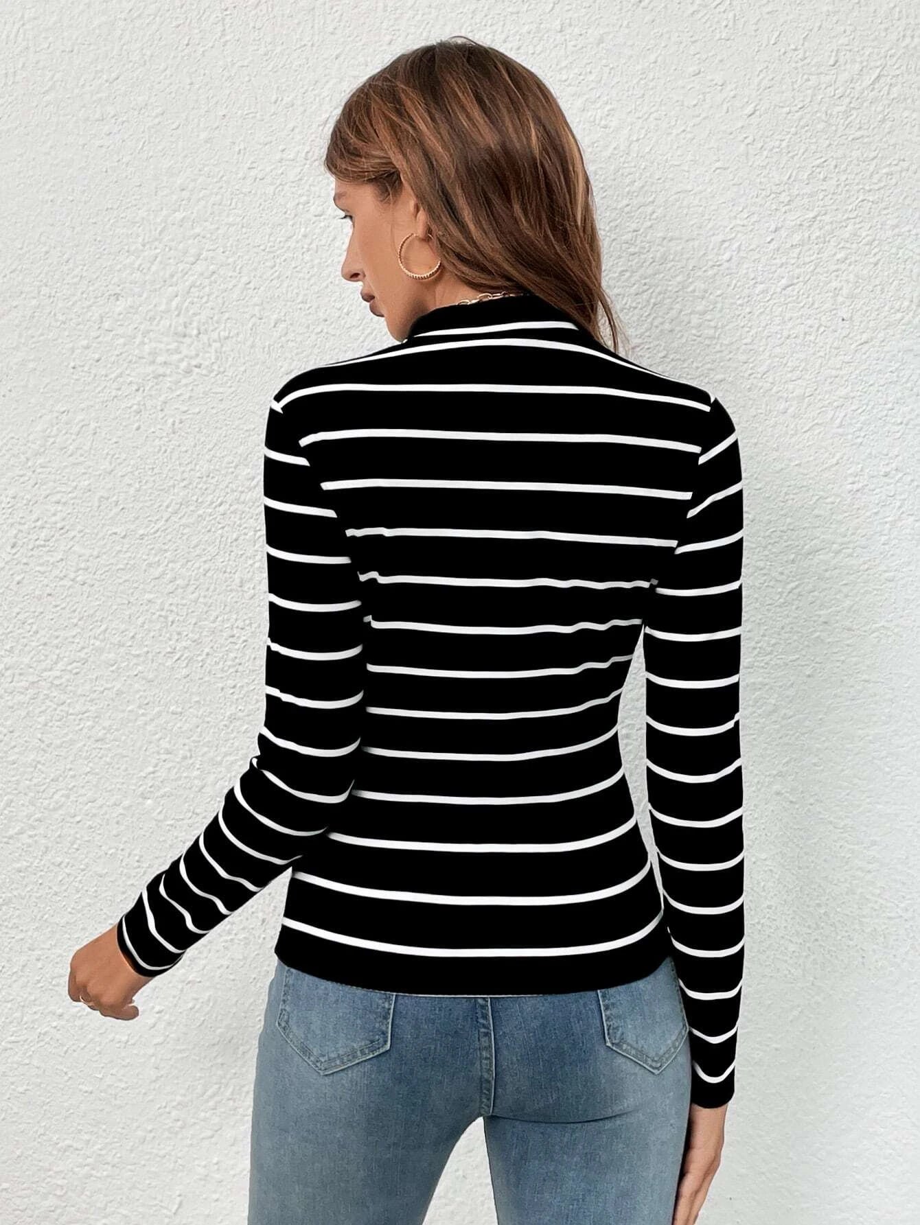 Frenchy Striped Mock Neck Tee shein