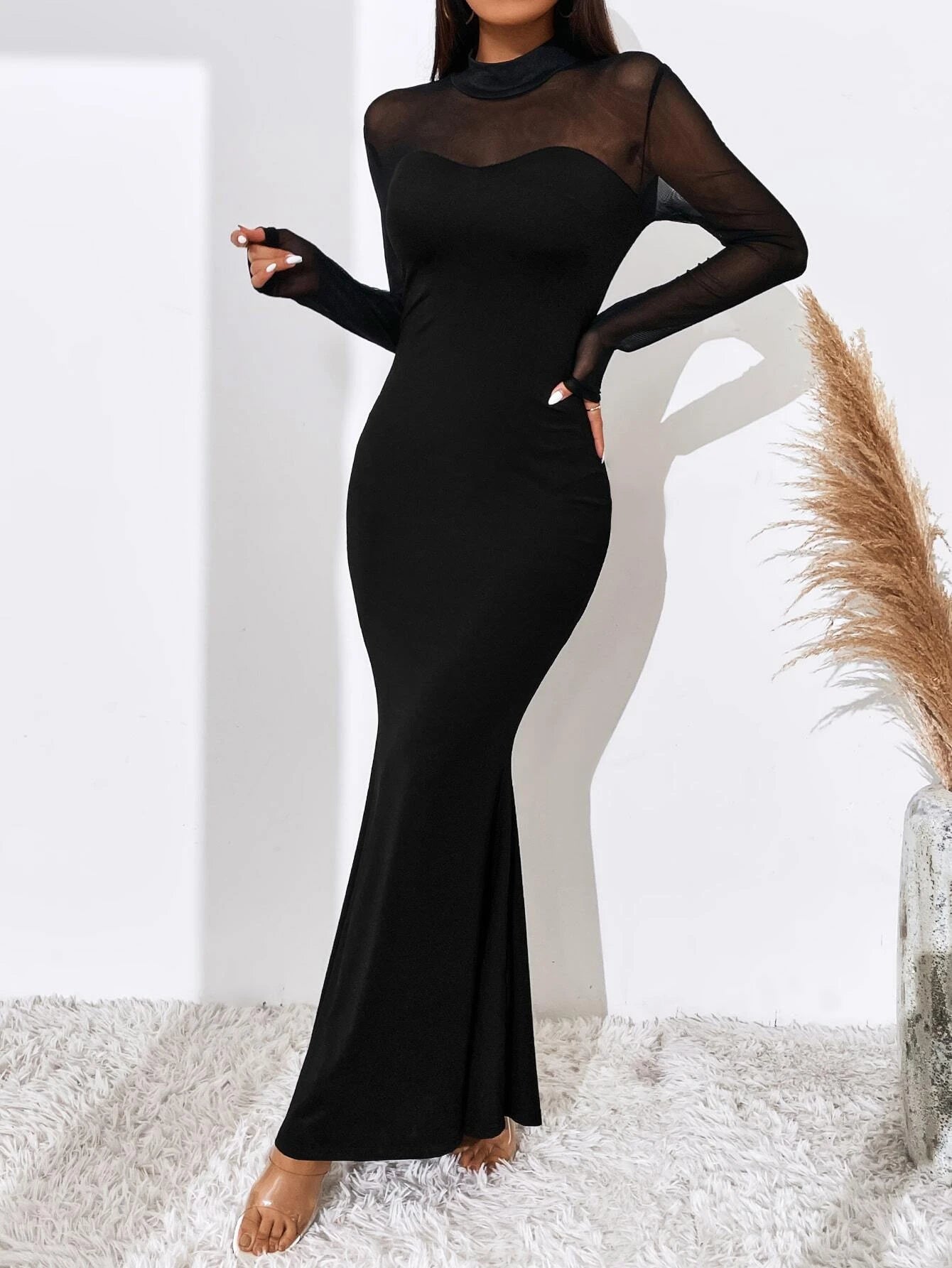 BAE Contrast Mesh Mock Neck Mermaid Hem Dress shein
