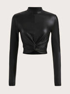 ICON Twist Front Mock Neck PU Leather Tee shein