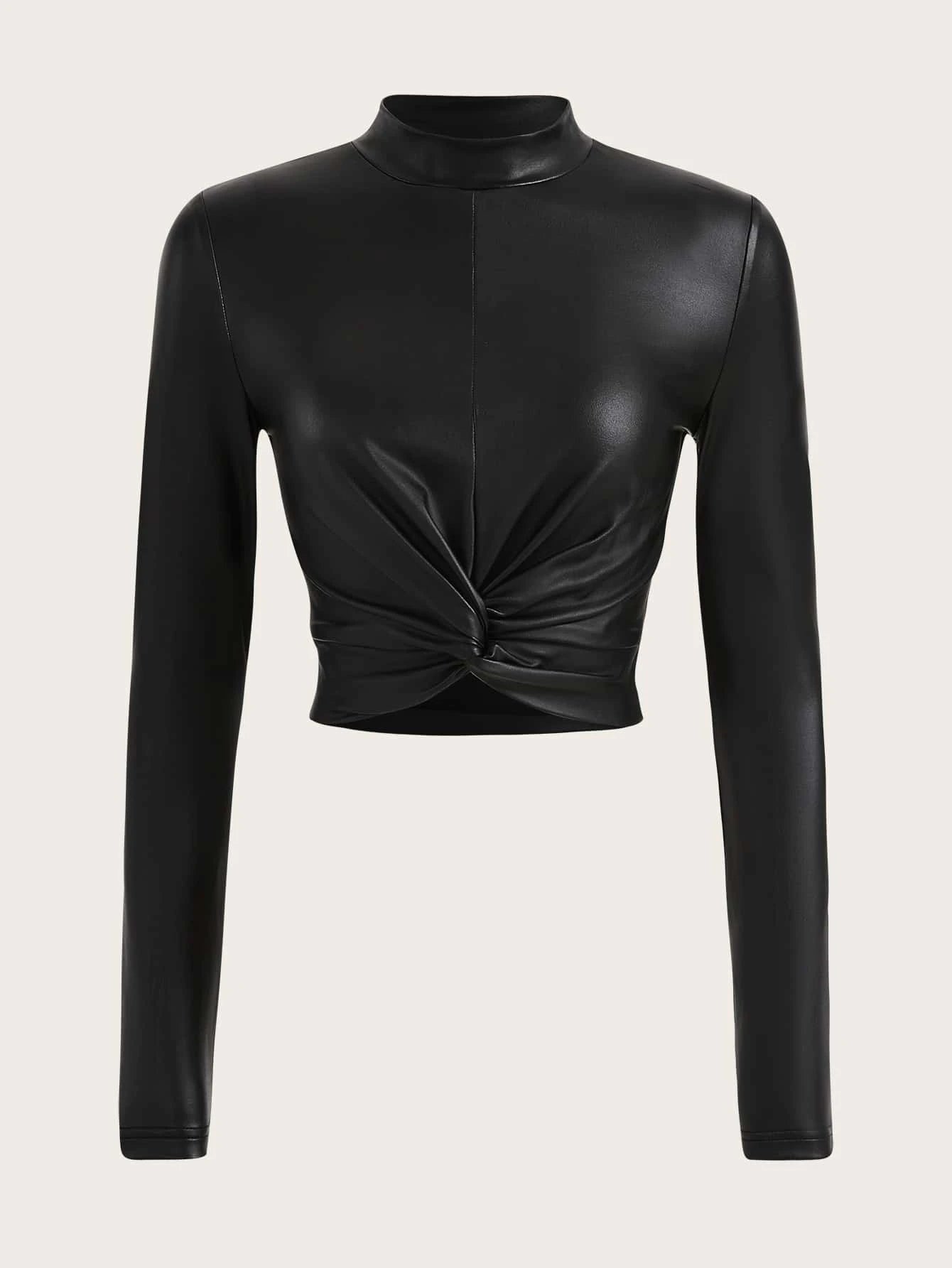 ICON Twist Front Mock Neck PU Leather Tee shein