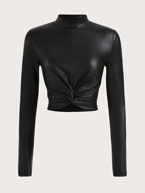 ICON Twist Front Mock Neck PU Leather Tee shein