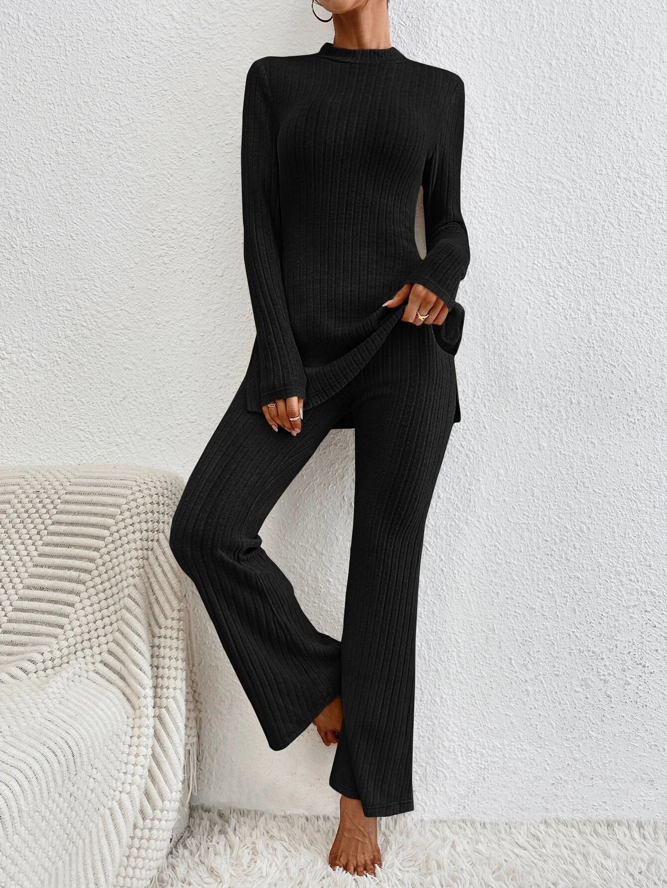 Essnce Mock Neck Ribbed Knit Tee & Flare Leg Pants shein