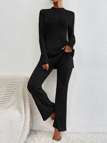 Essnce Mock Neck Ribbed Knit Tee & Flare Leg Pants shein