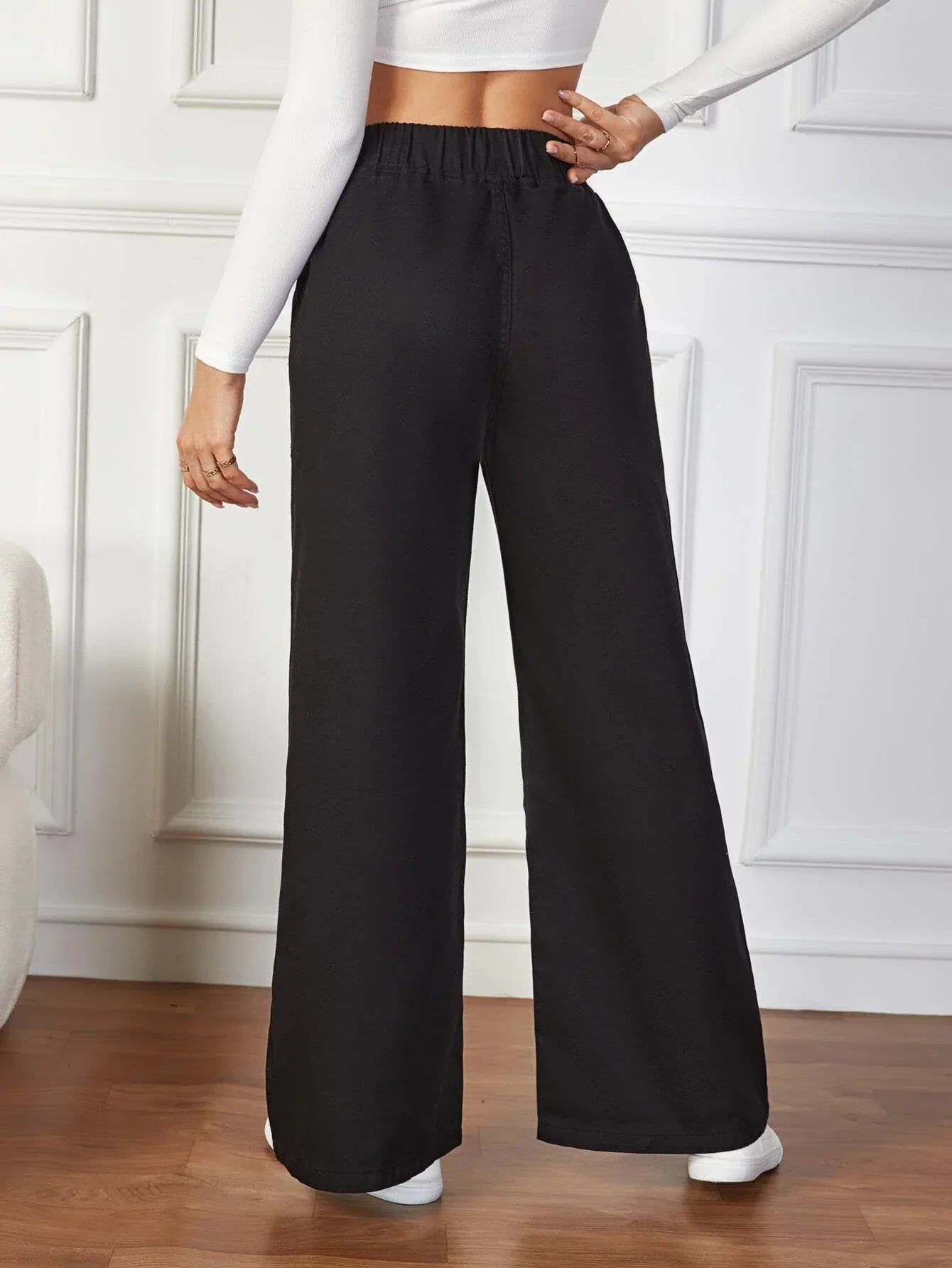Essnce Solid Color Elastic Waist Denim Pants With Pockets shein