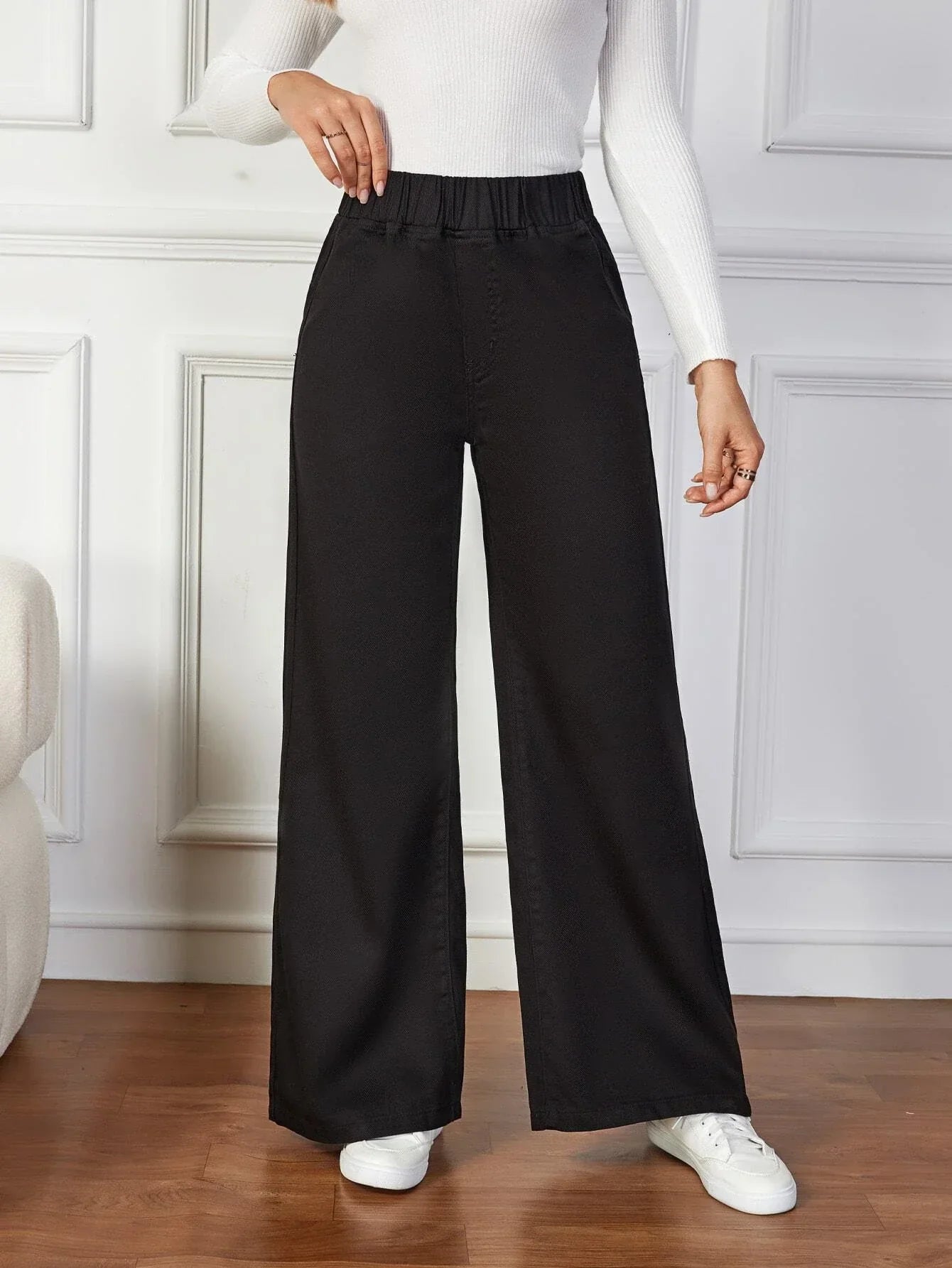 Essnce Solid Color Elastic Waist Denim Pants With Pockets shein