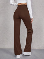 EZwear Wide Waistband Flare Leg Pants shein