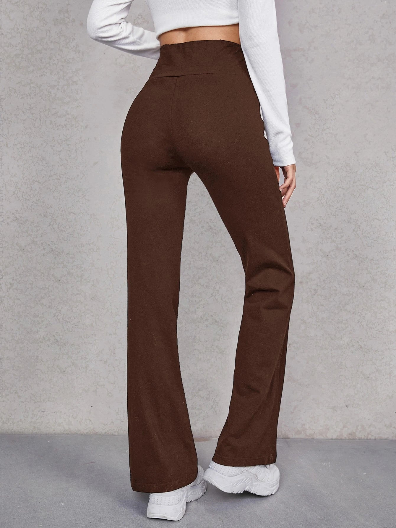 EZwear Wide Waistband Flare Leg Pants shein