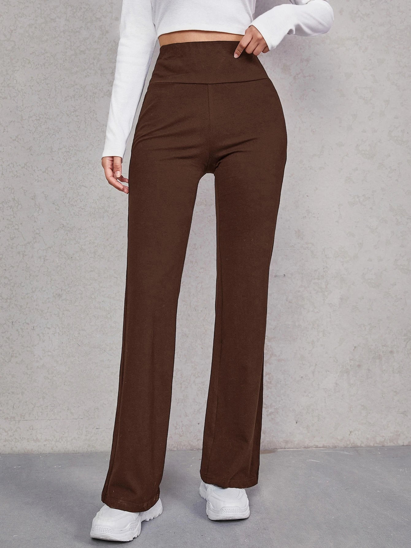 EZwear Wide Waistband Flare Leg Pants shein