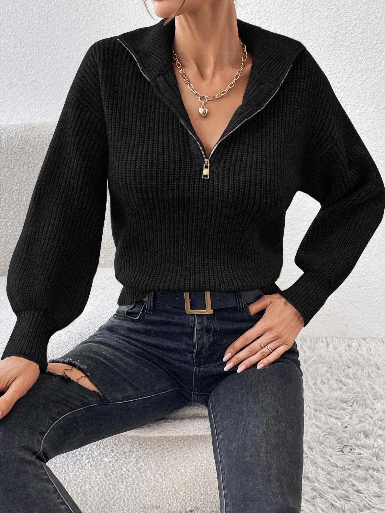 Frenchy Half Zip Drop Shoulder Grain Sweater shein