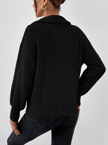 Frenchy Half Zip Drop Shoulder Grain Sweater