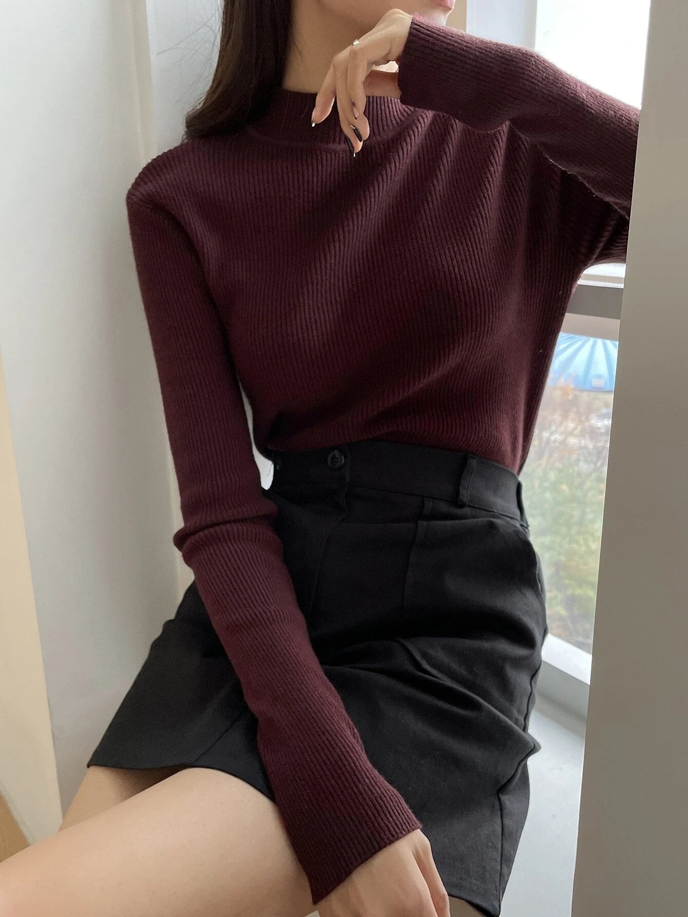 DAZY Women's Solid Stand Collar Long Sleeve Casual Business Pullover Sweater shein