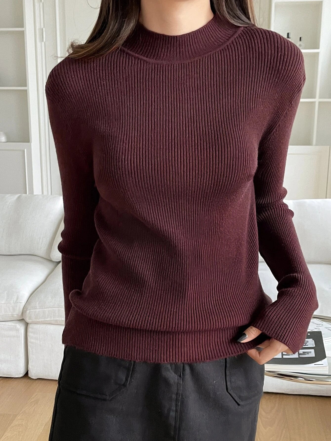 DAZY Women's Solid Stand Collar Long Sleeve Casual Business Pullover Sweater shein