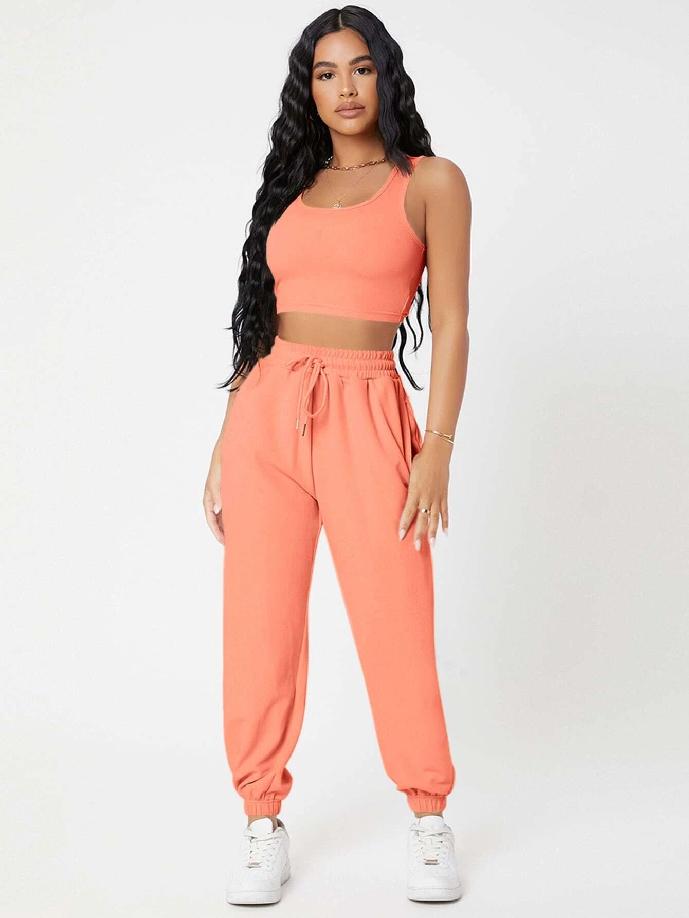 PETITE Solid Crop Tank Top And Joggers Set shein