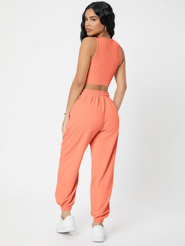 PETITE Solid Crop Tank Top And Joggers Set