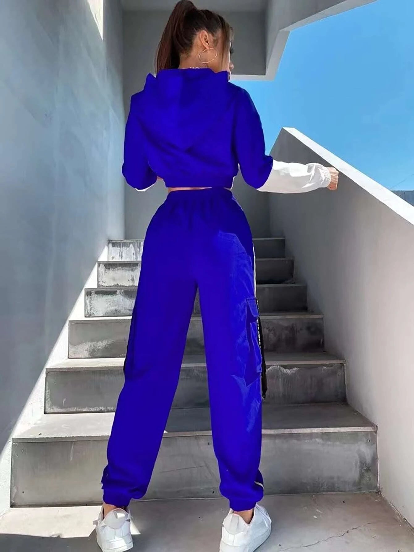 MOOSTA Two Tone Drop Shoulder Letter Tape Zipper Up Jacket & Cargo Pants shein