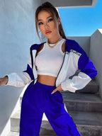 MOOSTA Two Tone Drop Shoulder Letter Tape Zipper Up Jacket & Cargo Pants shein