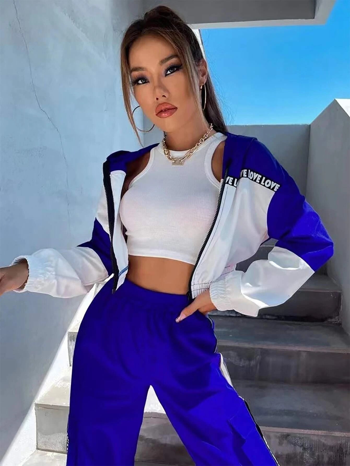MOOSTA Two Tone Drop Shoulder Letter Tape Zipper Up Jacket & Cargo Pants shein