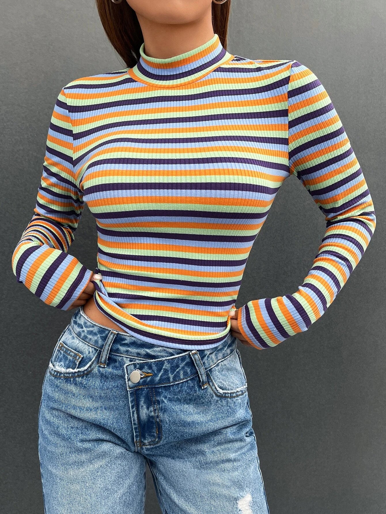 EZwear Mock-neck Rib-knit Striped Tee shein