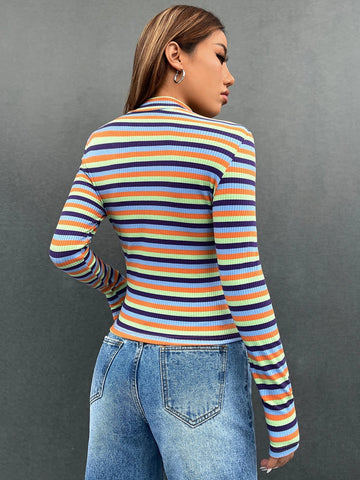 EZwear Mock-neck Rib-knit Striped Tee shein