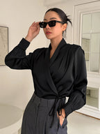DAZY Shawl Collar Knot Side Wrap Blouse shein