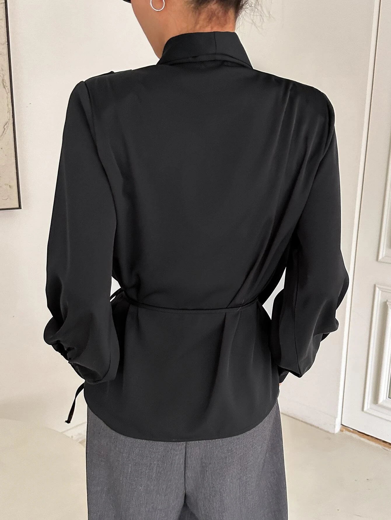 DAZY Shawl Collar Knot Side Wrap Blouse shein