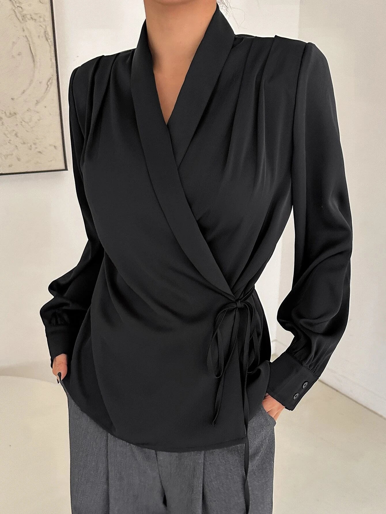 DAZY Shawl Collar Knot Side Wrap Blouse shein
