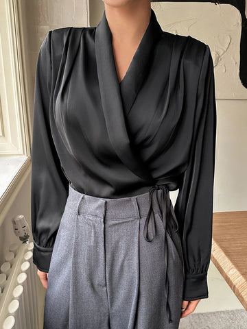 DAZY Shawl Collar Knot Side Wrap Blouse