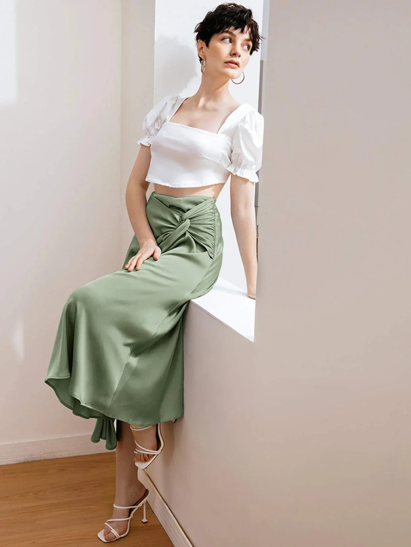 Priv� Twist Front Satin Skirt Workwear