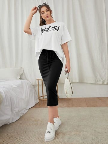 Mulvari Letter Graphic Tee & Split Hem Skirt shein