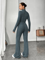 EZwear Spring Mock Neck Crop Tee & Flare Leg Pants shein