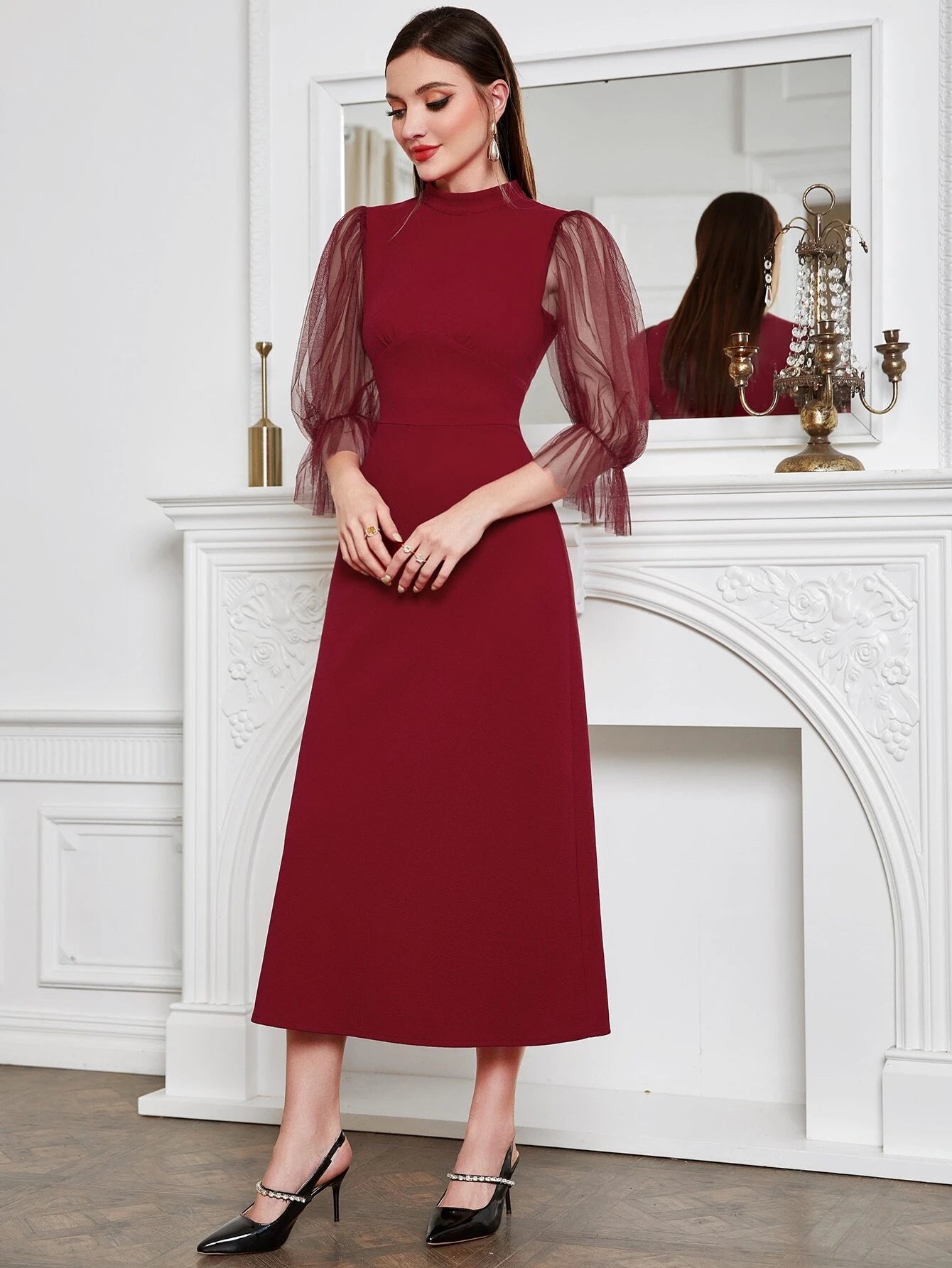 Modely Contrast Mesh Flounce Sleeve Mock Neck Dress shein