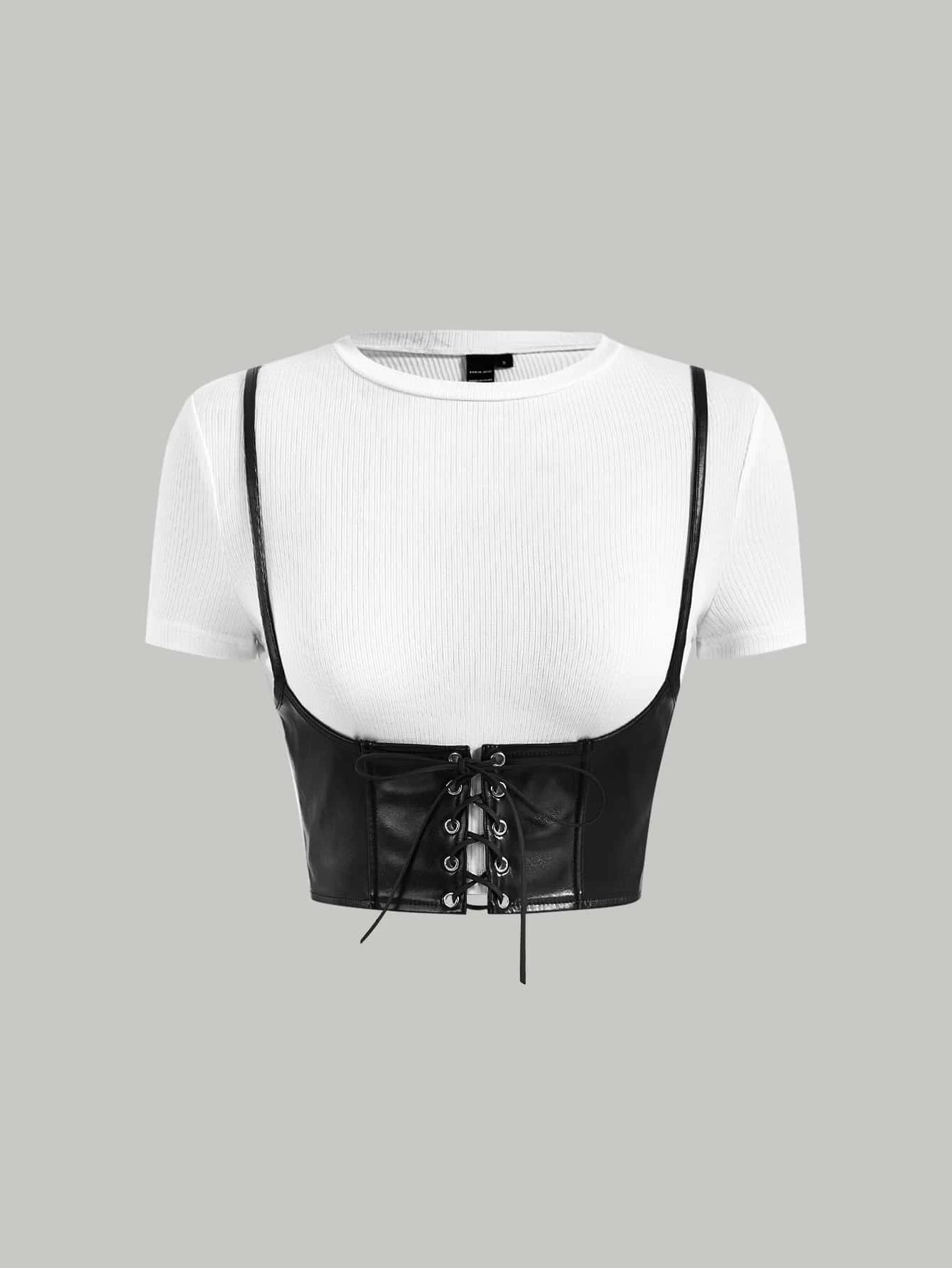 MOD 2 In 1 Lace Up Pu Leather And Different Material Splicing Short-Sleeved Round Neck Tee shein