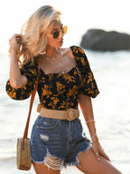 VCAY Floral Print Sweetheart Neck Blouse shein