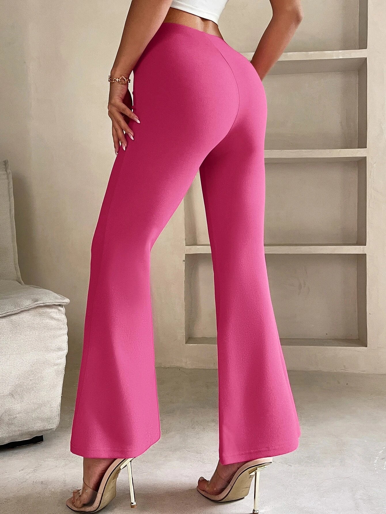 PETITE Solid Flare Leg Pants shein