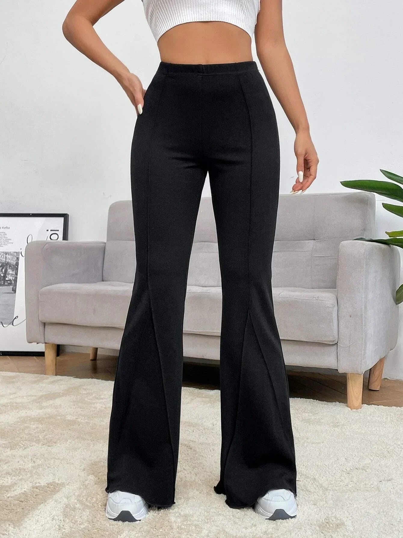 EZwear Balletcore Seam Front Flare Leg Back Pants Shein