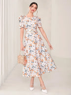 Modely Allover Floral Print Puff Sleeve Belted Dress Shein