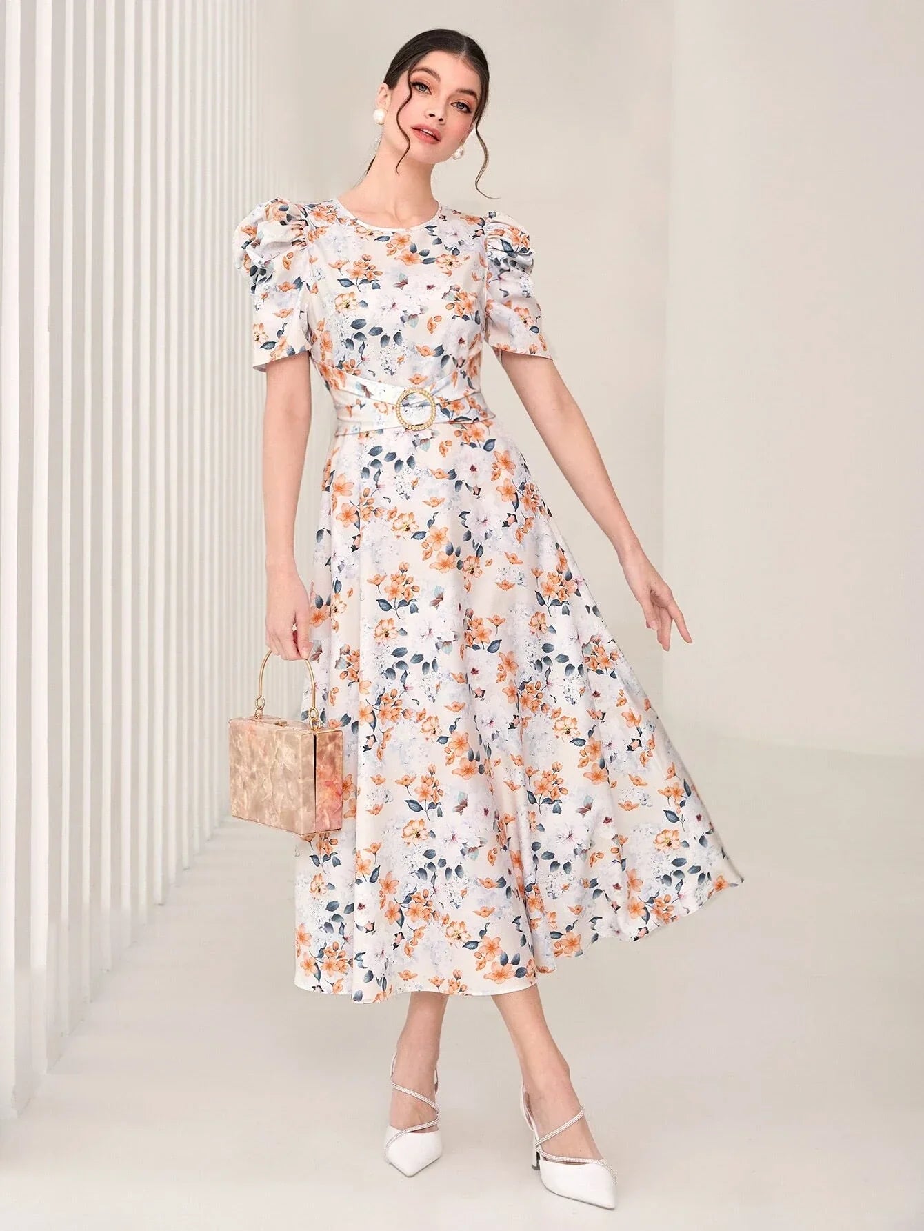 Modely Allover Floral Print Puff Sleeve Belted Dress Shein