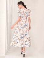 Modely Allover Floral Print Puff Sleeve Belted Dress Shein