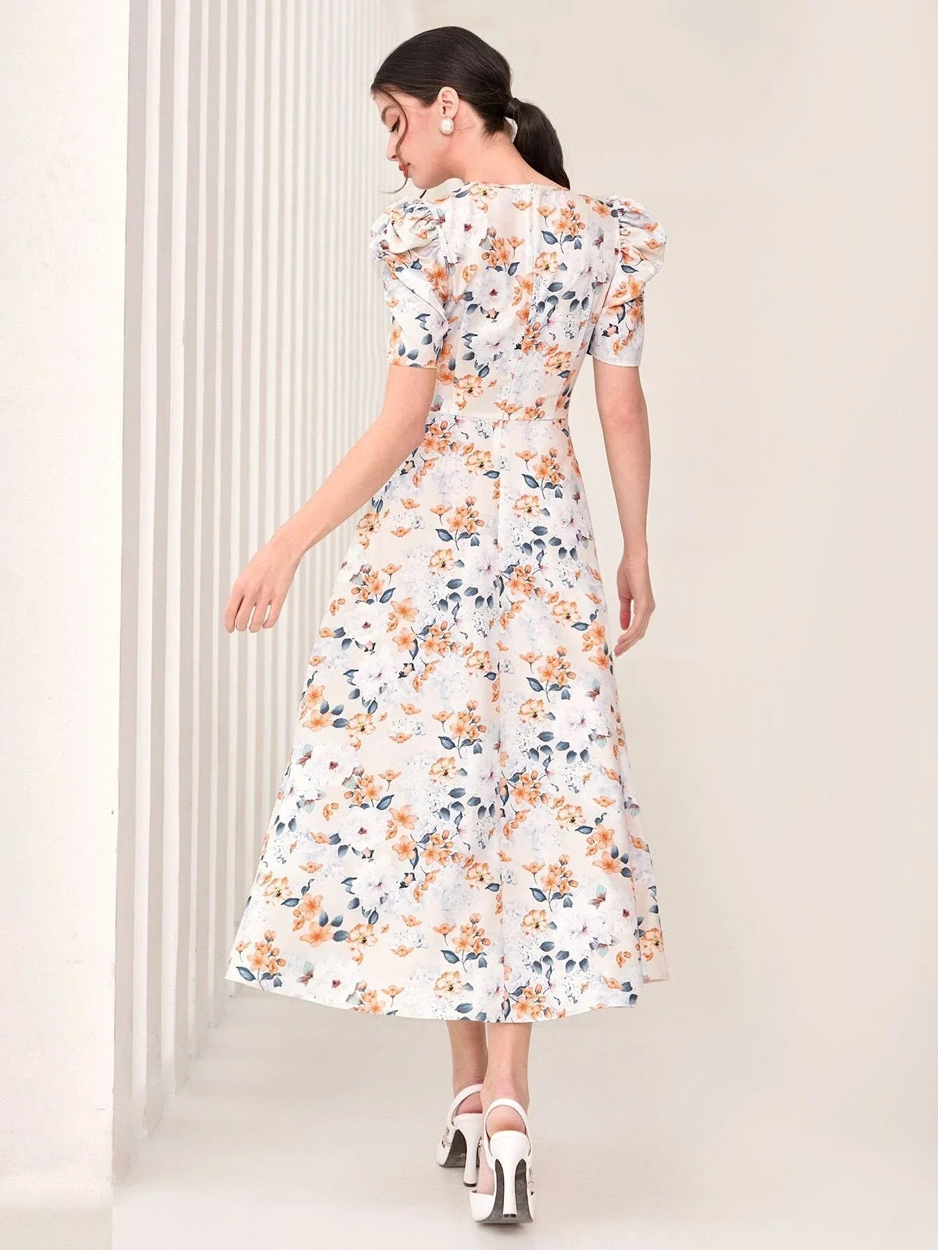 Modely Allover Floral Print Puff Sleeve Belted Dress Shein