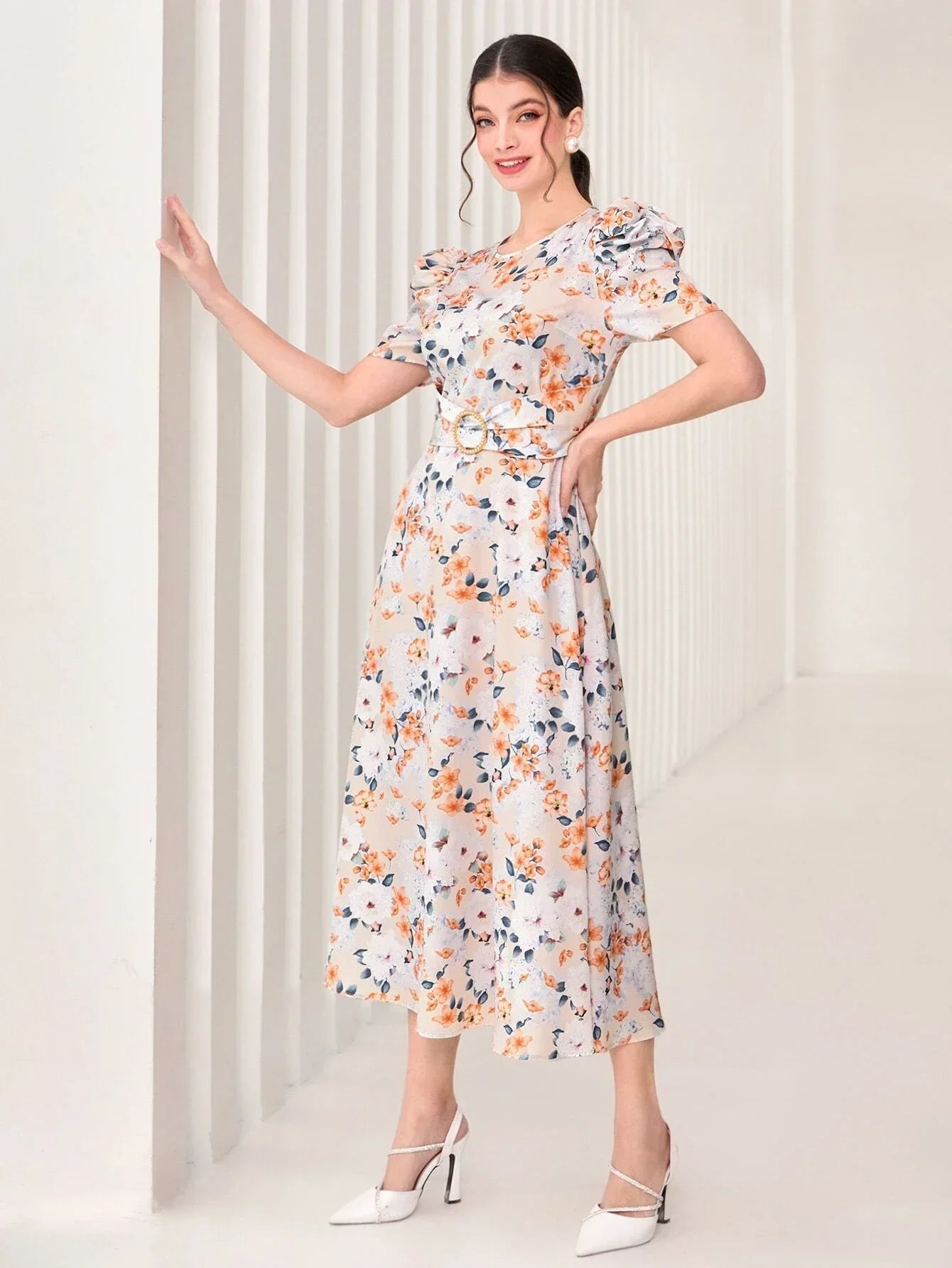 Modely Allover Floral Print Puff Sleeve Belted Dress