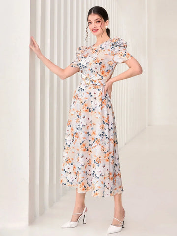 Modely Allover Floral Print Puff Sleeve Belted Dress
