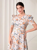 Modely Allover Floral Print Puff Sleeve Belted Dress Shein