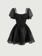 MOD Grommet Lace Up Front Puff Sleeve Dress shein