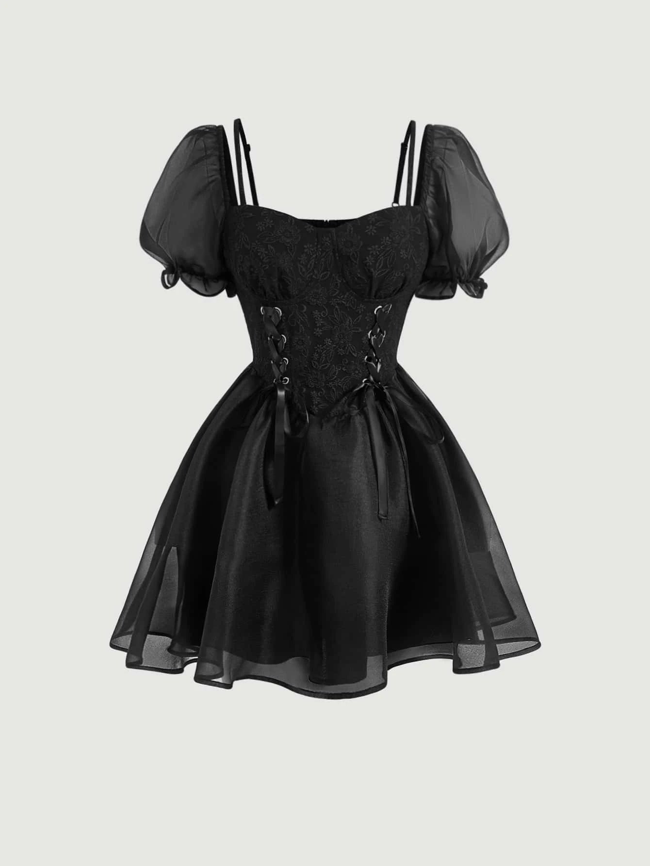 MOD Grommet Lace Up Front Puff Sleeve Dress shein