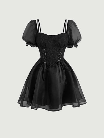 MOD Grommet Lace Up Front Puff Sleeve Dress