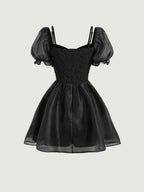 MOD Grommet Lace Up Front Puff Sleeve Dress shein