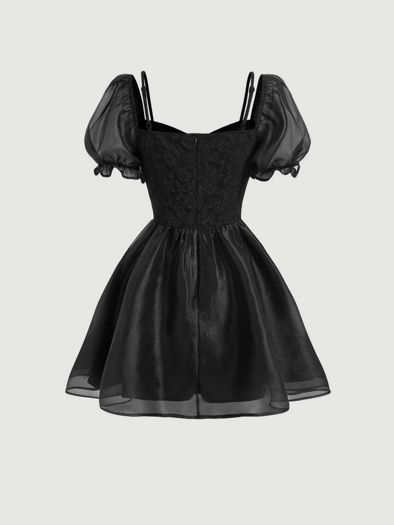 MOD Grommet Lace Up Front Puff Sleeve Dress shein