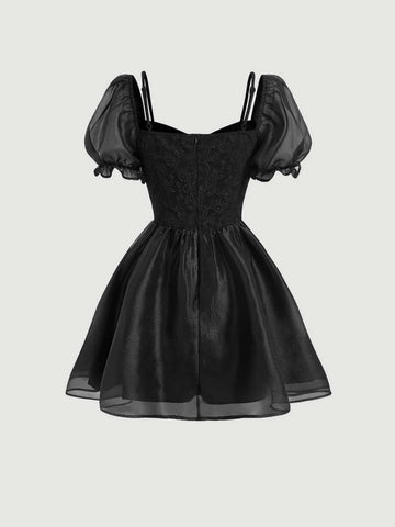 MOD Grommet Lace Up Front Puff Sleeve Dress